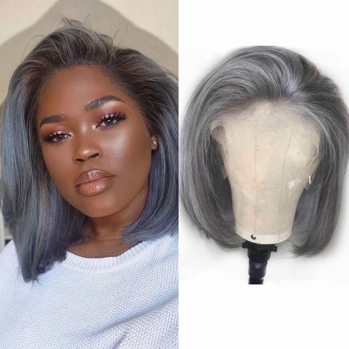 Silver Grey Short Bob Wig hd transparent perruque Lace Front Human Hair Wigs For Women Transparent gray closure Frontal Brazilian 150% density diva2