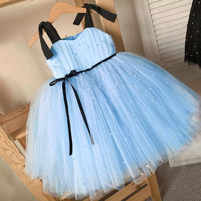 Summer Girl Tulle Dress Princess Party Tutu Fluffy Pearl Dress Kids Wedding Evening Gown Children Clothing Baby Clothes Vestidos 220707