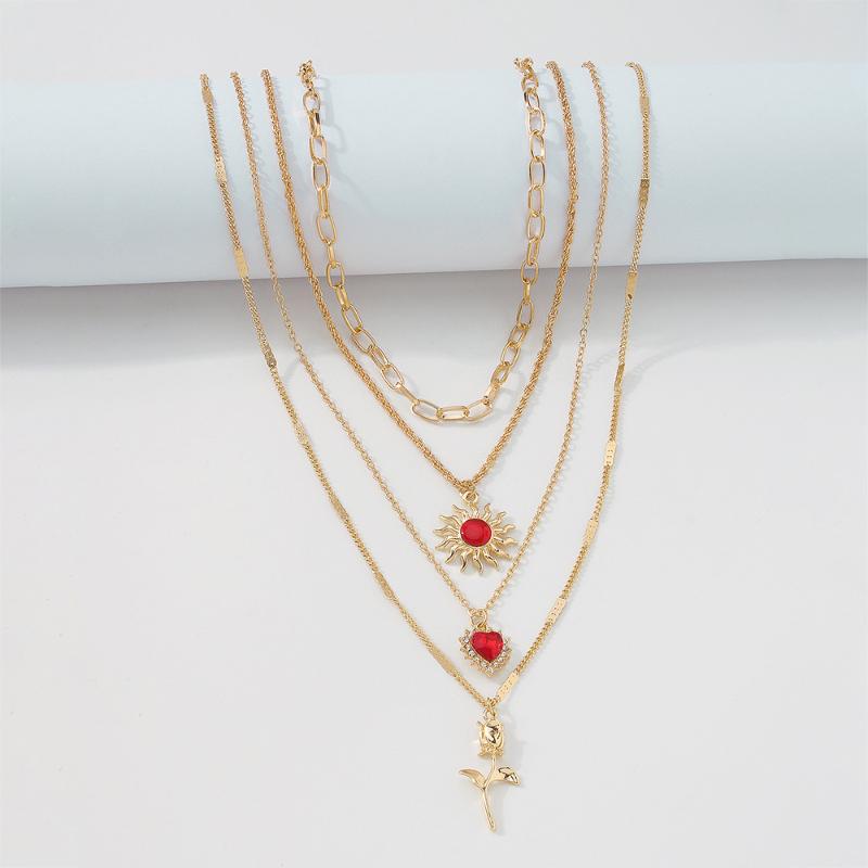 Pendant Necklaces Retro Sun Love Flower Multi-Layer Necklace Fashion Rubies Inlaid Long Lock Bone Strand Ladies Elegant AccessoriesPendant