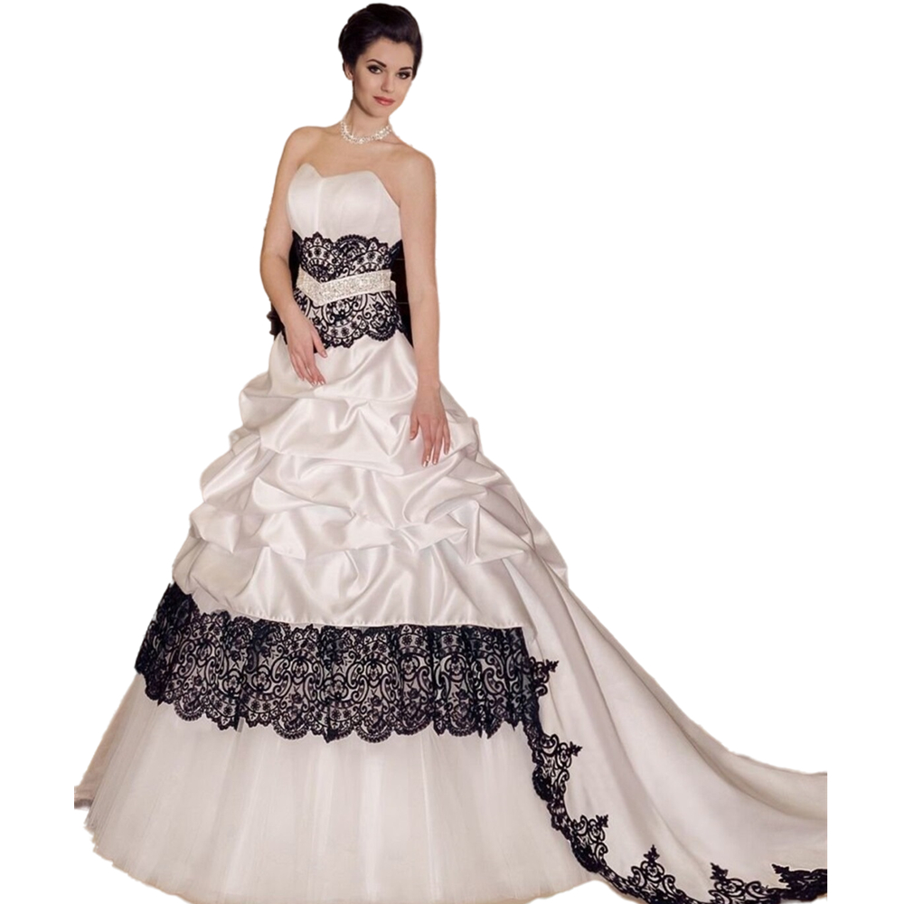 Gothic Black And White Ball Gown Wedding Dresses Strapless Sleeveless Long Bride Dress Ruched Skirt Vintage Corset Bridal Gowns 2022 Lace And Satin Ve