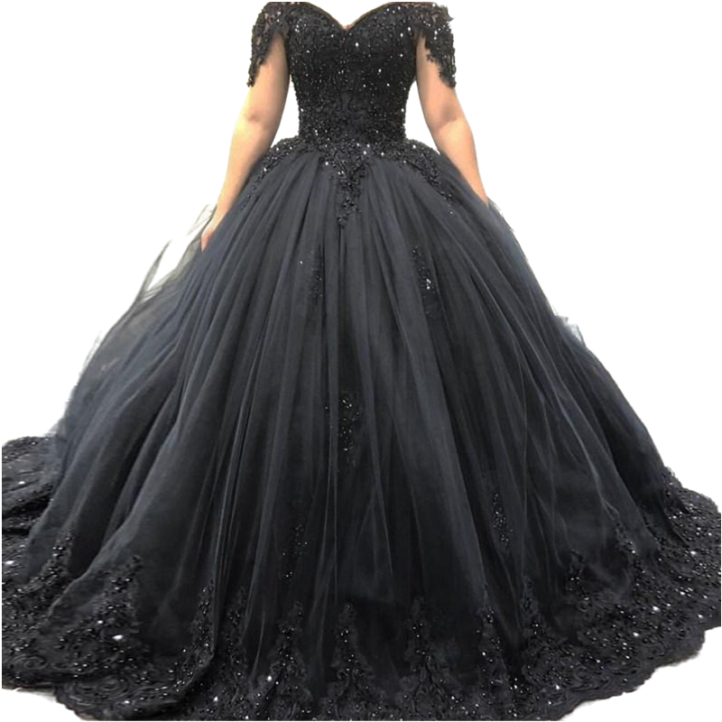 Black Gothic Ball Gown Wedding Dresses 2022 Sweep Trains Lace Appliques Beading Off The Shoulder Plus Size Vintage Wedding Dress Open Back