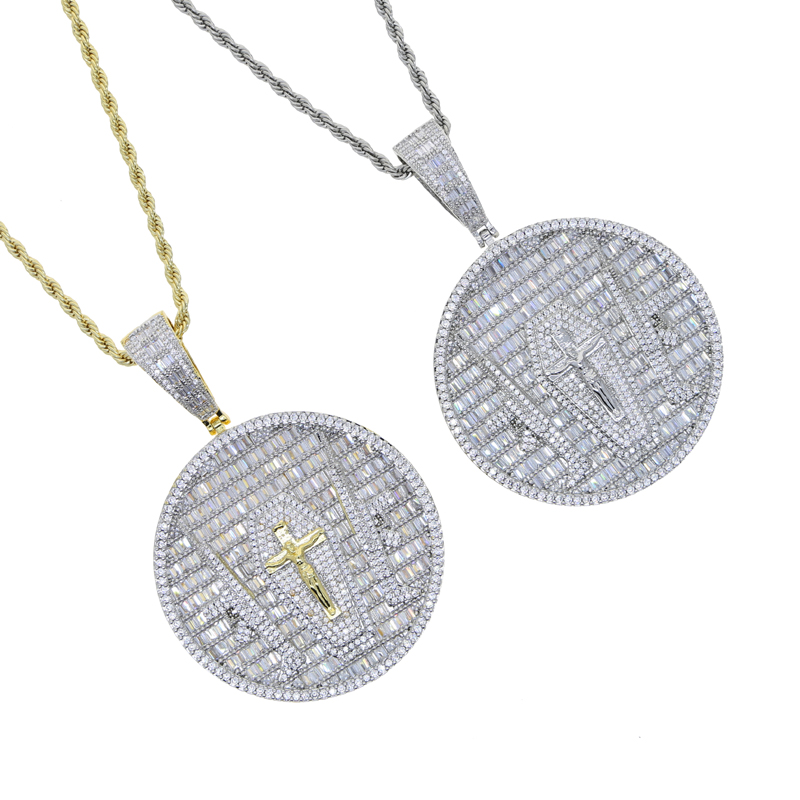 Iced out round shape jesus gun pendant paved full cz stone fit cuban chain necklace for women men hip hop jewelry wholesale