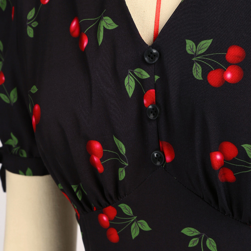 Belle Poque Women's Summer Floral Cherry Print A Line Short Midi Dress Sleeve V-Neck Flared A-Line Sundress A30 220504