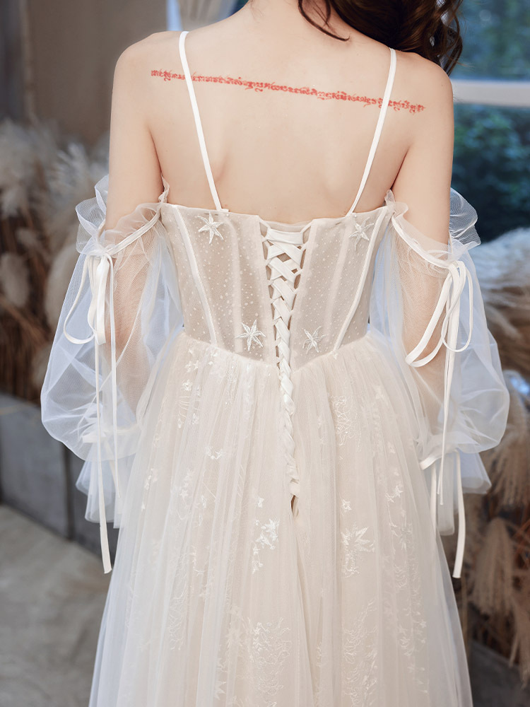 Fairy Boho Lace Wedding Dress 2022 With Sleeves Spaghetti Straps Bohemian Beach Wedding Dresses Corset A Line Tulle Civil Bride Chic Vestidos De Novia