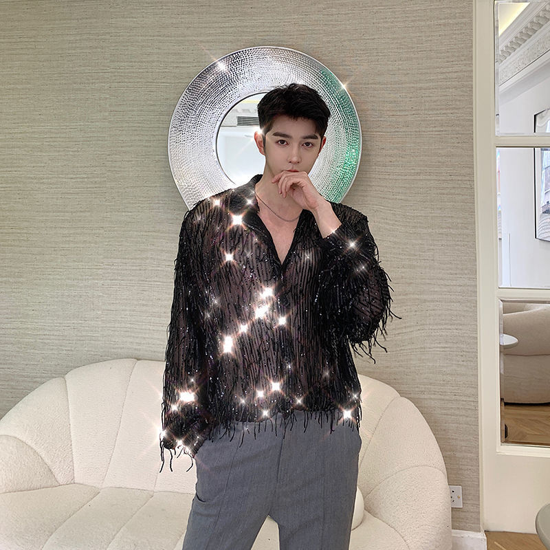 IEFB Spring Autumn Product Irregular Sequin Tassel Shirt Niche Streetwear Fashion Long Sleeve Shirts Men's Tops 9Y7232 220330