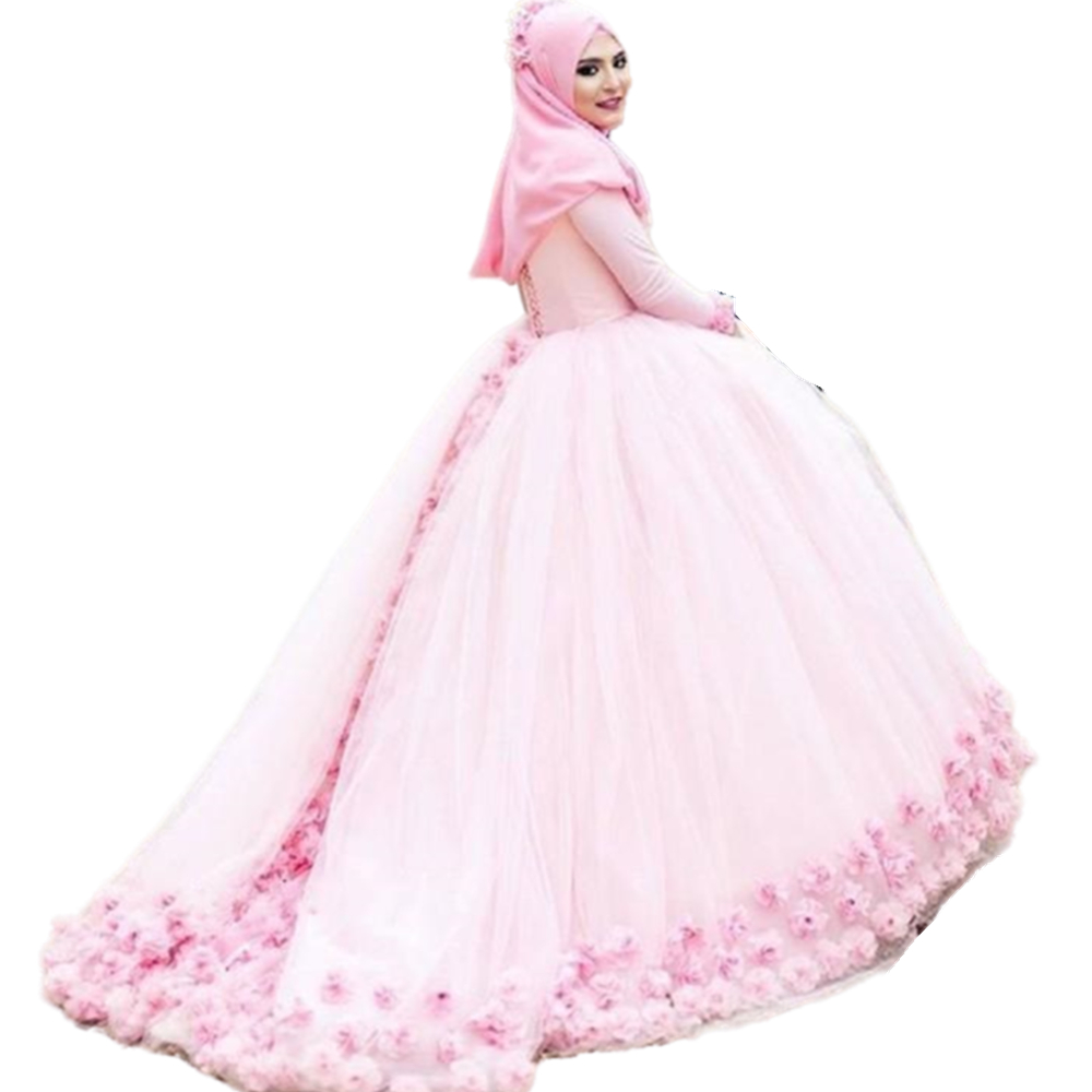 2022 Muslim Girls Princess Quinceanera Dresses Blush Pink Ball Gown 3D Floral Flowers Appliqued Long Sleeve High Neck Sweet 16 Dress Brithday Prom Par
