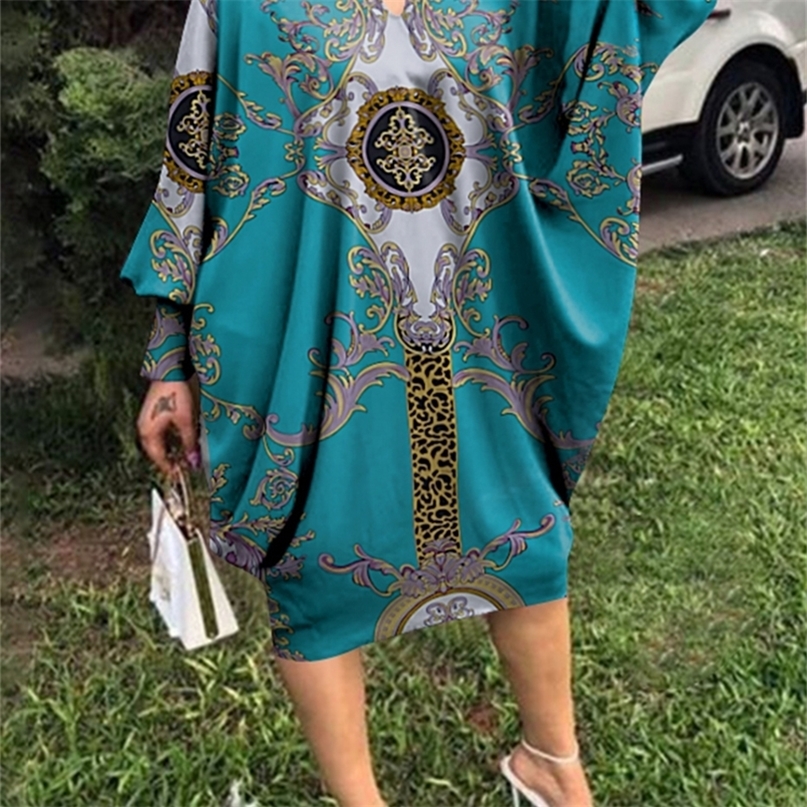 Knee Length Dress VONDA Women Long Sleeve O Neck Floral Print Casual Party Kaftan Robe Oversized Loose Sundress 220613