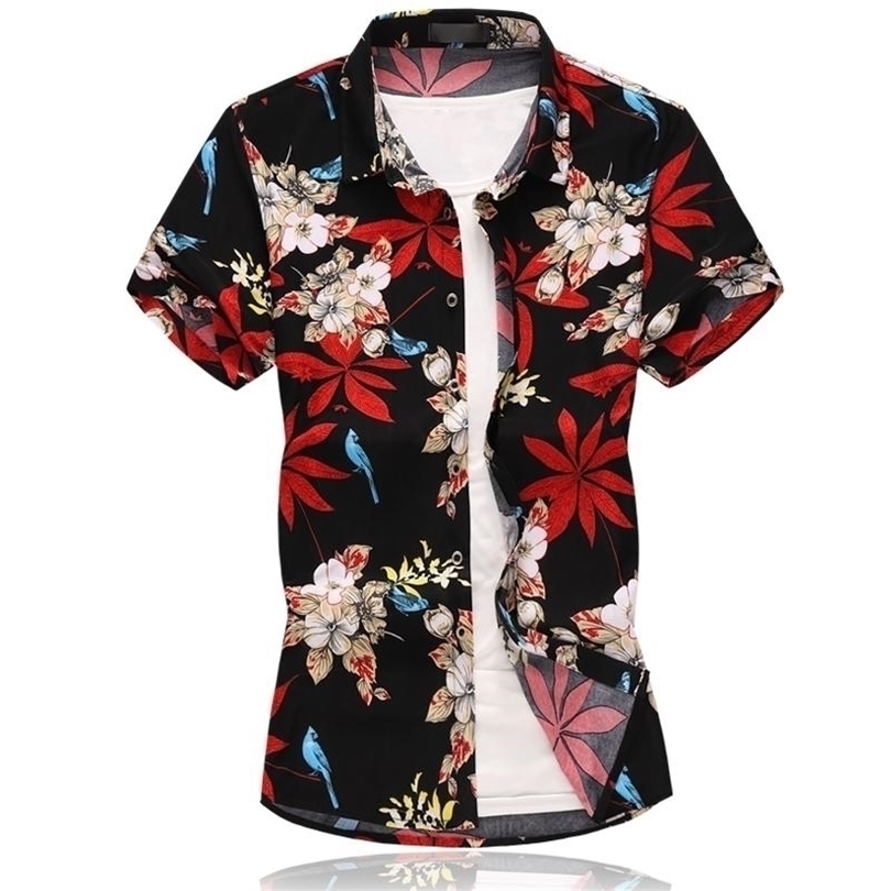 Social Shirt Men Short sleeve Floral Mens Dress Shirts Flowers Hawaiian Style Blouse Menswear Summer Navy Black New