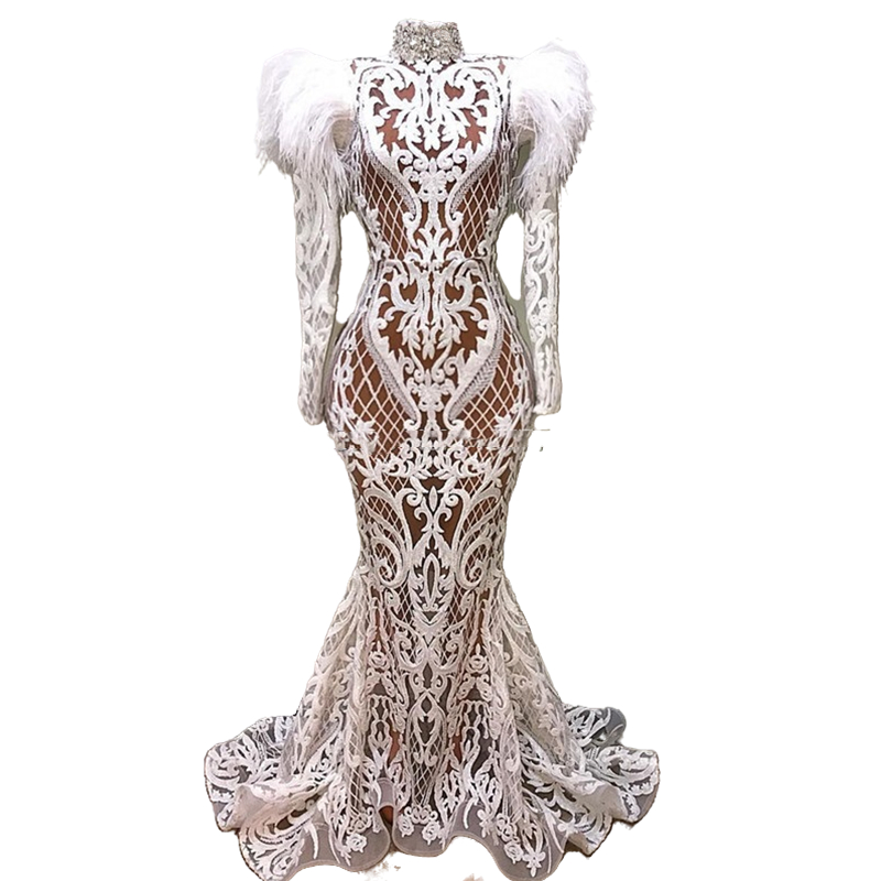 Luxury Feather White Mermaid Evening Dresses High Neck Lace Robe De Soiree 2022 Arabic Formal Party Gowns Crystals Beaded Dubai Abaya Kaftan Long Prom