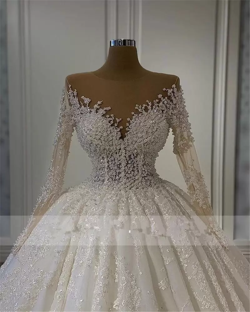 2022 Bling Ball Gown Wedding Dresses Bridal Gowns Lace Appliques Jewel Neck Long Sleeves Illusion Crystal Beading Floor Length Vestidos De Novia Plus 