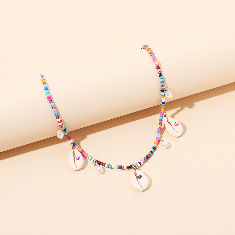 Bohemian Style Small Glass Beaded Pearl Shell Charm Necklace Summer Beach Style Jewelry