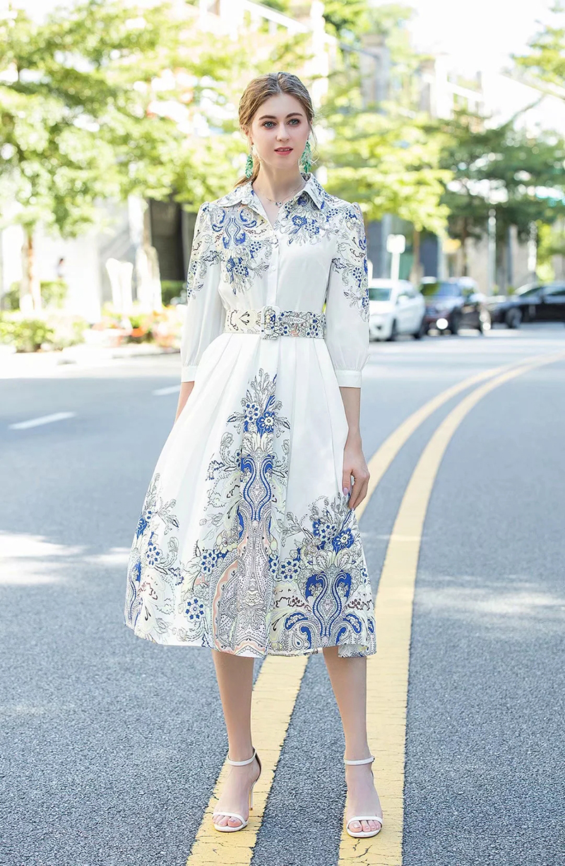 Women's Runway Dresses Turn Down Collar 3/4 Sleeves Printed High Street Fashion Dress Vestidos