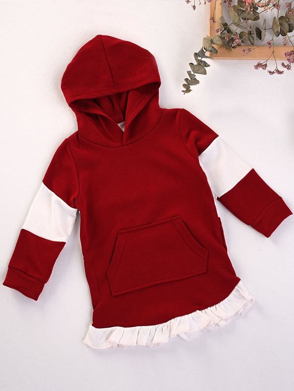 Baby Contrast Panel Kangaroo Pocket Ruffle Hem Hoodie Dress SHE