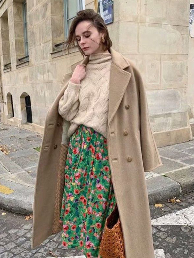 KBAT Spring Vintage Green Long Skirt High Waist Print Seaside Holiday Pleated Split Elegant Floral Women 220701