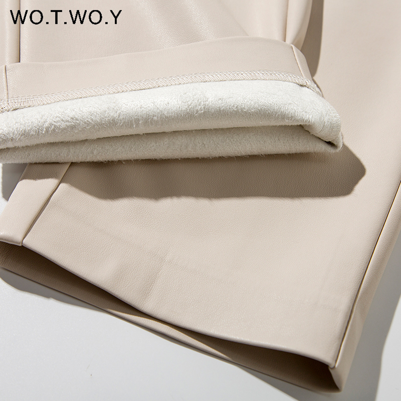 WOTWOY High Waisted Straight Leather Trouser Zipper-Up Casual Fleece PU Pants Female Black White Autumn 220325