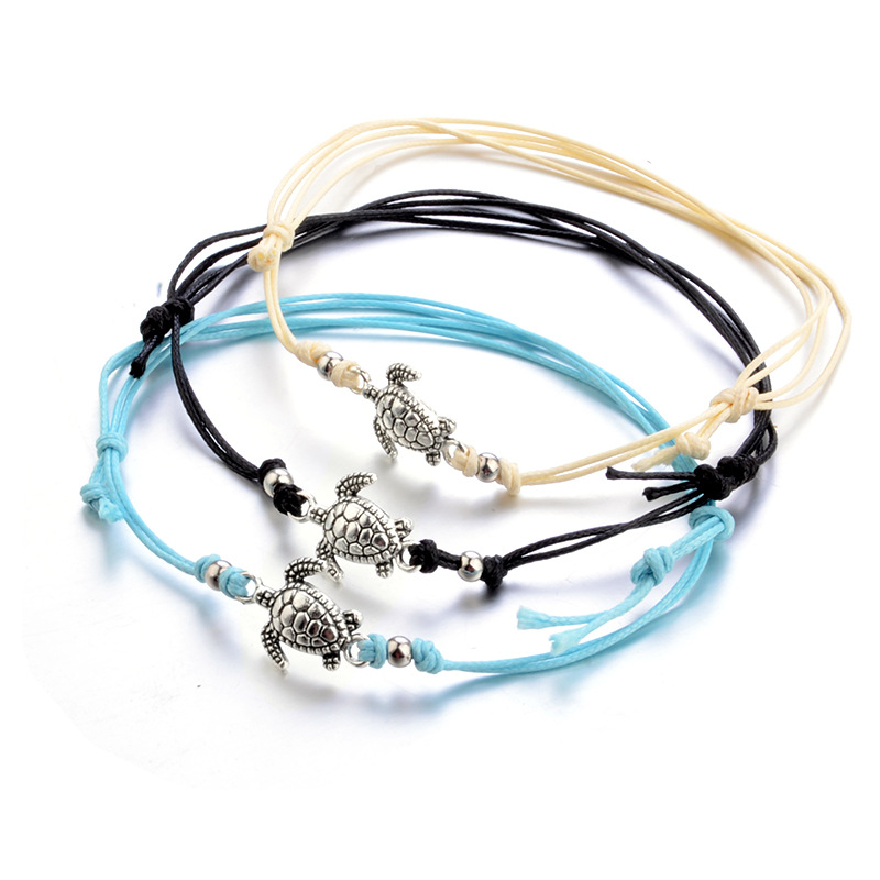 Adjustable Bohemian Ancient Silver Sea Turtle Anklet Bracelet Chain for Women Blue Black Wish Braided Rope Foot Chain Ankle Bracelets Summer Ocean Bea