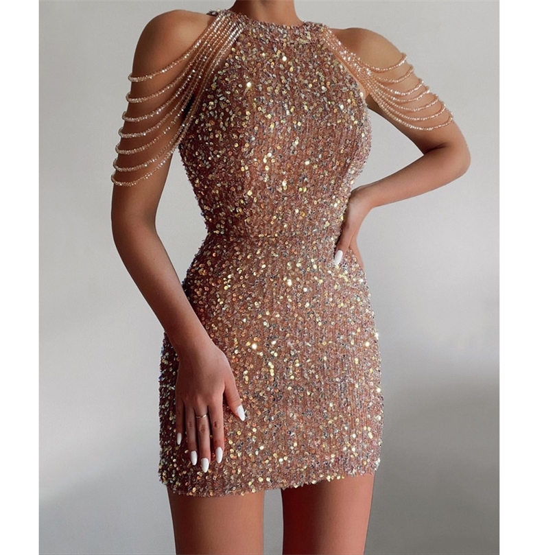 YIDINGZS Off Shoulder Gold Sequin Dress Short Party Bodycon Dress Women Sexy Evening Dress 18607 220510