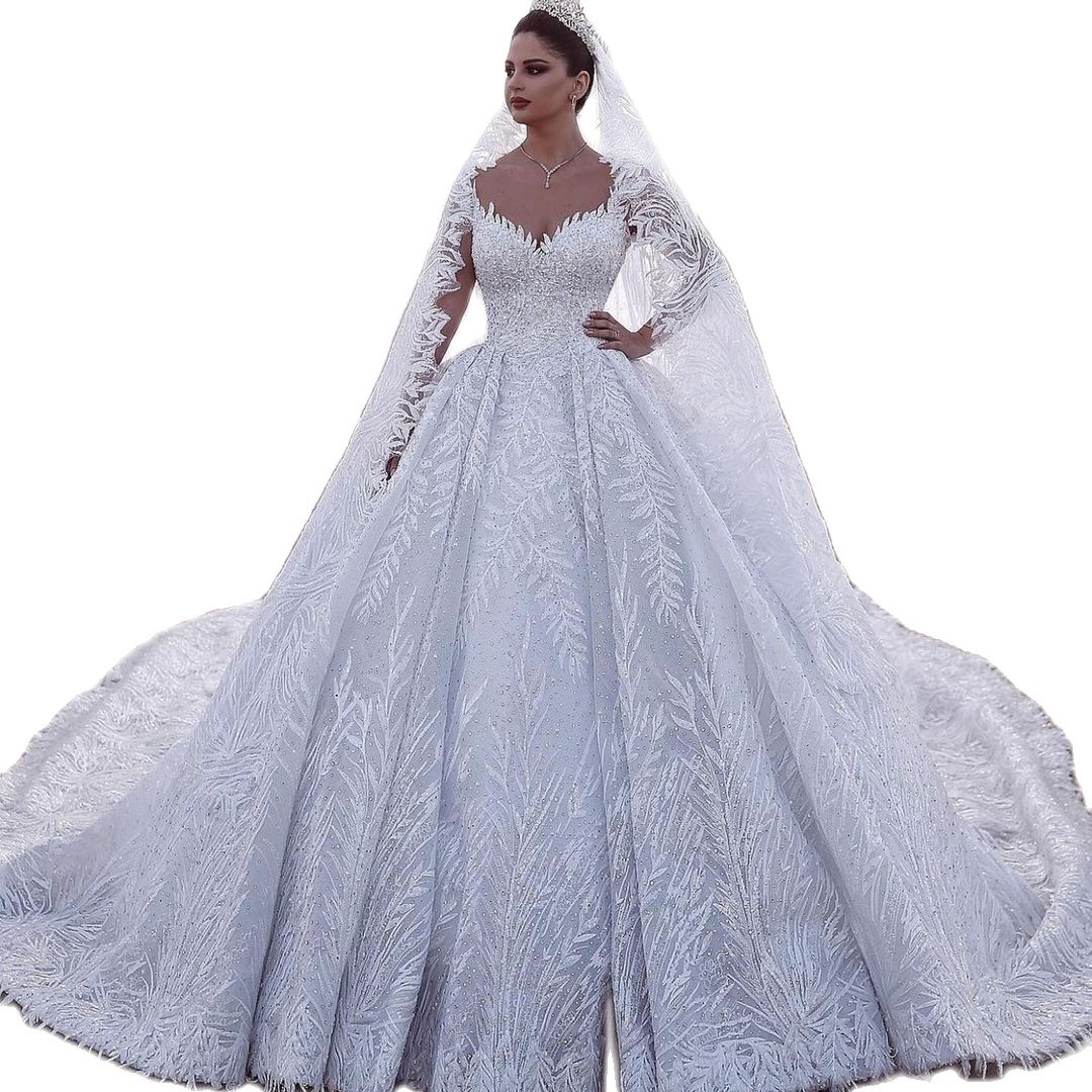 Arabic Princess Ball Gown Wedding Dress Dubai V Neck Sequins Lace Appliques Beaded Ruffles Bridal Gowns