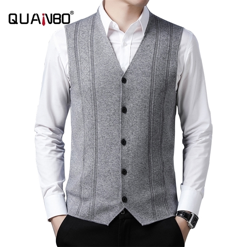 QUANBO Autumn Winter Mens Top Quality Sheep Wool VNeck Sweater Vest Fashion Casual Thin Solid Color Sleeveless Vest 201125