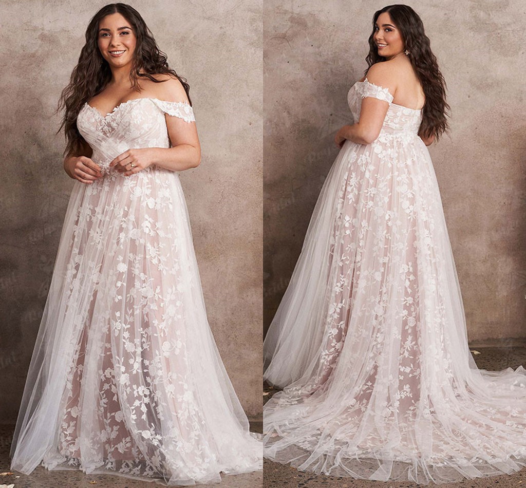 Plus Size Beach Wedding Dresses 2022 Full Lace Tulle vestido de novia Off Shoulder Bohemian Pleats V Neck Bridal Gown