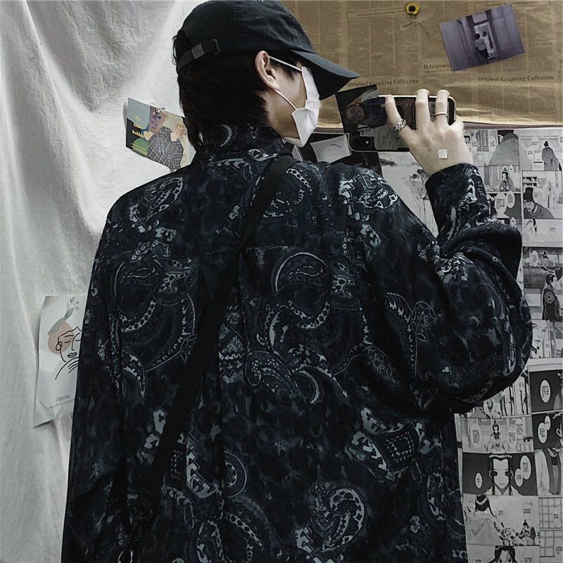 spring autumn long-sleeved shirt Korean vintage Hong Kong style dark abstinence cashew flower print loose jacket men women 220322