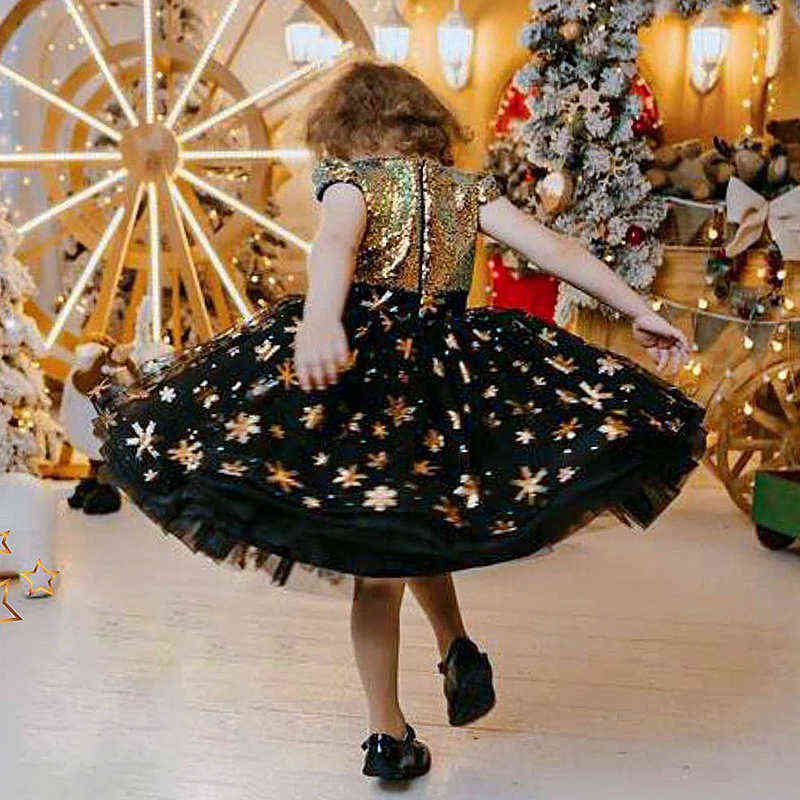 Girls Golden Sequin Shiny Tutu Dress Kids Snowflake Christmas Princess Costume for Evening Children Birthday Party Clothes 4-10T Y220510