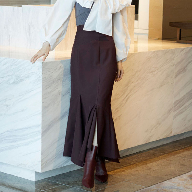 Kuzuwata Autumn Winter Women Jupes Japanese Temperament Faldas Solid High Waist Irregular Folds Slit Mermaid Skirts 220317