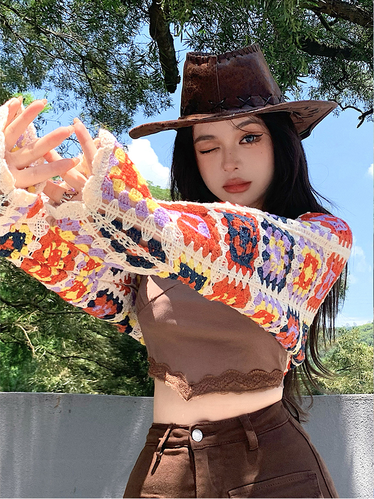 Autumn Women Hollow Out Vintage Printing Knitted Cardigan Sweater Loose Long Sleeve Thin Section Knitwear Open Stitch Coat W220817