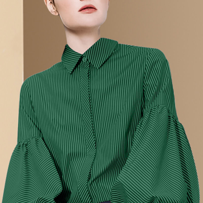 Vintage Blouse Women Spring Freach Elegant Fashion Lantern Sleeve Shirt Lady Lapel Loose Striped Tops Green Button Up Shirt 220407