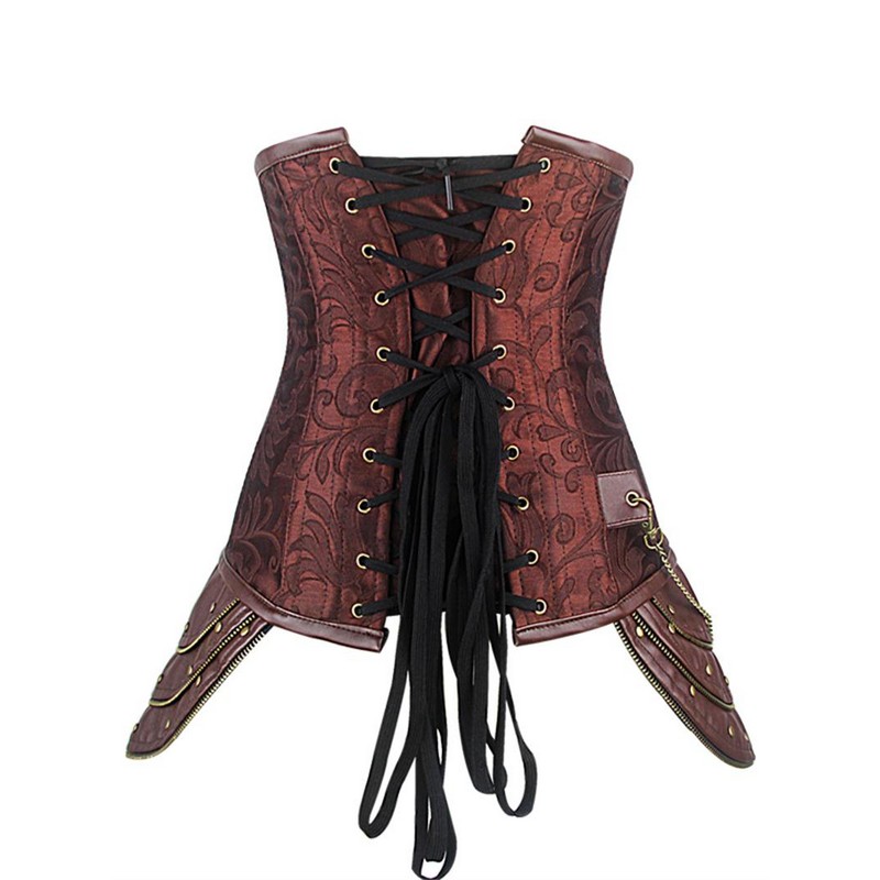 Retro Steampunk Underbust Corset Brown Brocade Jacquard Slimming Belly Sheath Waist Trainer Cincher Women Steel Bone Leather Body Shaper S-3XL