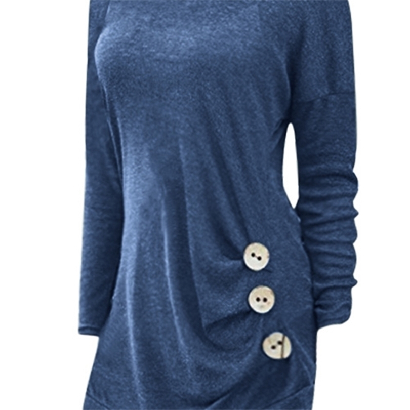 Wipalo Women Fashion Side Button Detail Plus Size TShirt O Neck Long Sleeves Casual Solid Tunic Tee Ladies Tee Top Big Size 5XL T200319