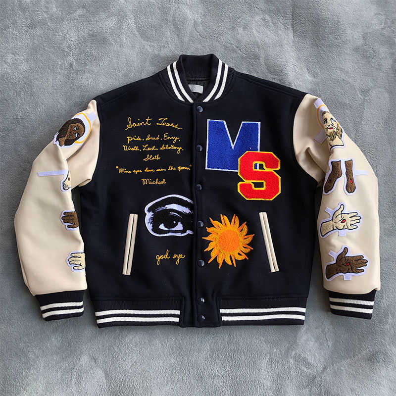 Men's Jackets Japanese Saint Michael autumn winter high street leather sleeve wool baseball sticker heavy industry embroidery jacket, Black
Men's Jackets Japanese Saint Michael autumn winter high street leather sleeve wool baseball sticker heavy industry embroidery jacket, Black
