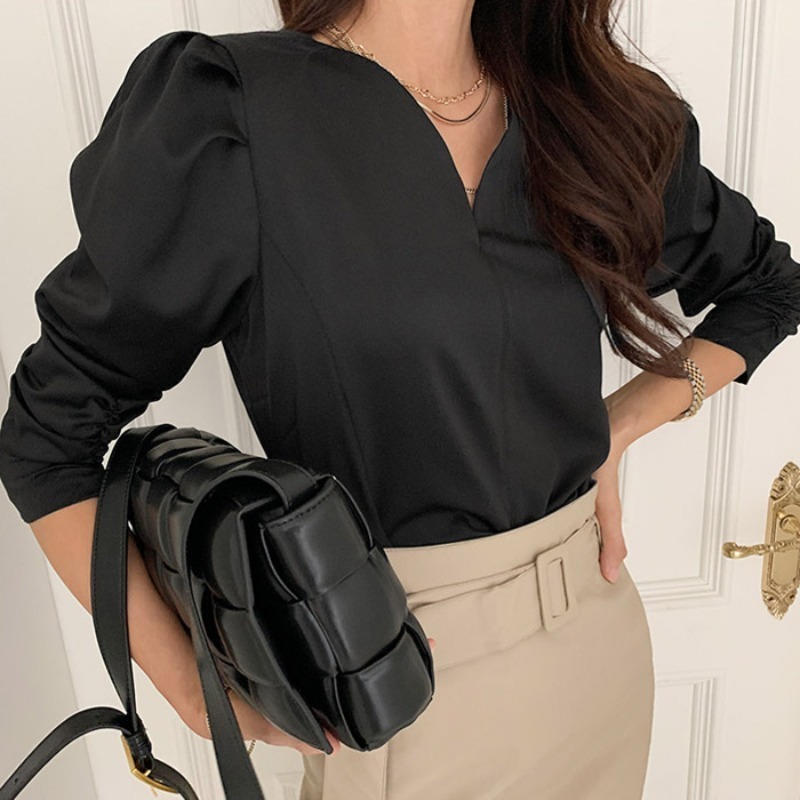 Puff Sleeve Office Lady V-neck Long Sleeve Women Blouse Spring Korean Chic Casual Woman Shirts White Tops Blusas Mujer 12899 220407