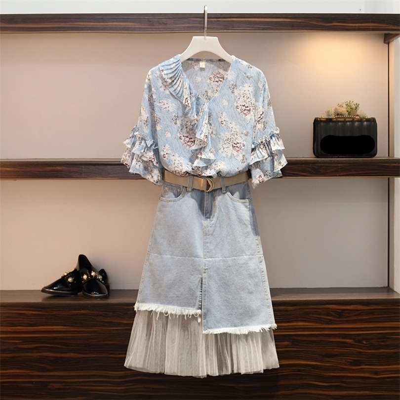 Summer Plus Size 5XL 2 Piece Set Women VNeck Ruffles Floral Chiffon Shirt Tops Mesh Patchwork Denim Skirt Two Piece Set Suit T200608