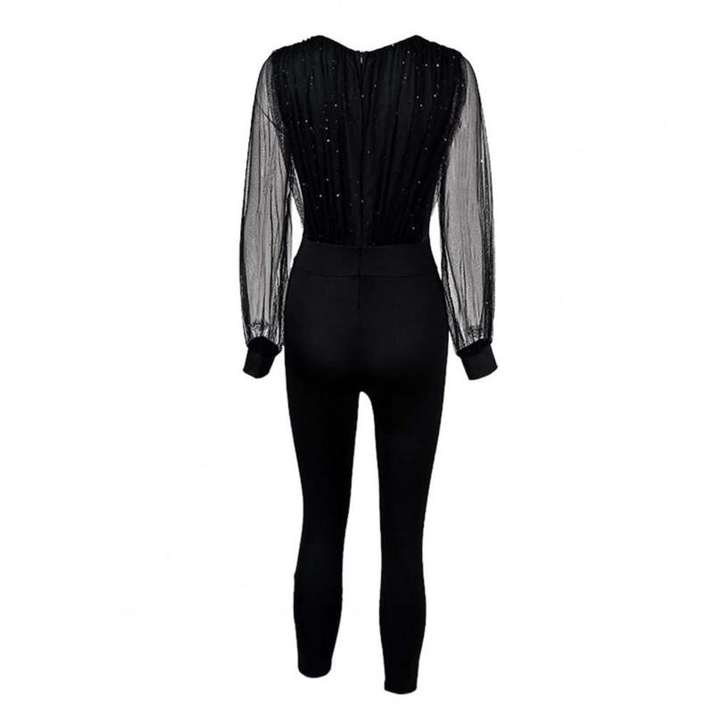 Deep V Neck Mesh Long Sleeve Jumpsuit Overall Women Jumpsuit Black Elegant Sequins Glitter Party Night Sexy Bodysuits 220811