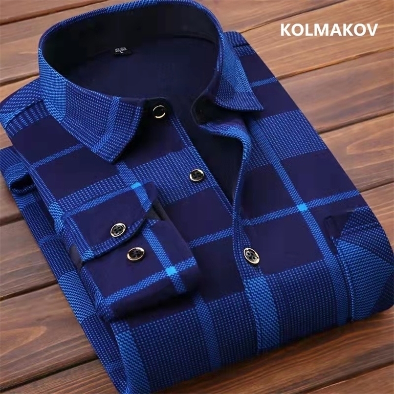 winter Men's fashion smart casual warm long Sleeve Shirts,autumn men thicken plaid Slim Fit Male size M-5XL 220322