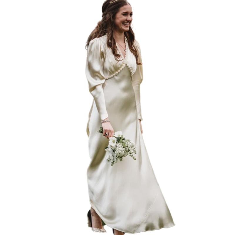 Crepe Modest boho Wedding Dress Long Sleeves 2022 vintage Silk Satin V-neck Simple Elegant Informal bridal gowns