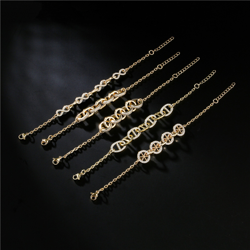 Fashion White Zircon Infinity Charm Chain Bracelet Gold Plated Copper Jewelry for Women Gift