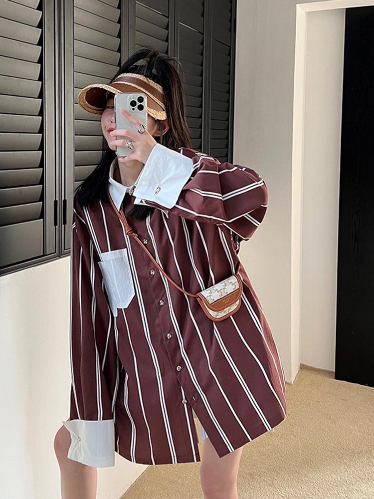 Women' Blouses & Shirts Summer Autumn Striped Patchwork Shirt Women Single Breasted Long Sleeves Color Block Korean Chic Loose Top B942Wome, Coffee
Women' Blouses & Shirts Summer Autumn Striped Patchwork Shirt Women Single Breasted Long Sleeves Color Block Korean Chic Loose Top B942Wome, Coffee