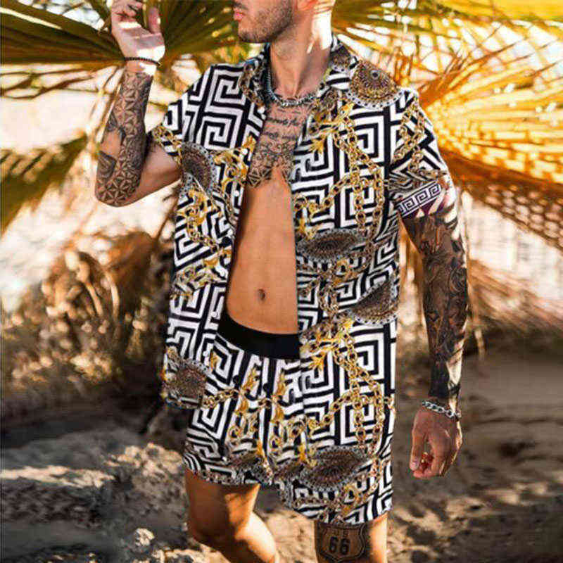 Summer Men Street Trend Hip Hop Short Sleeve Two Piece Casual Flowers 3D Printed Shirt Hawaii Beach Fashion Suit s-3XL X220714