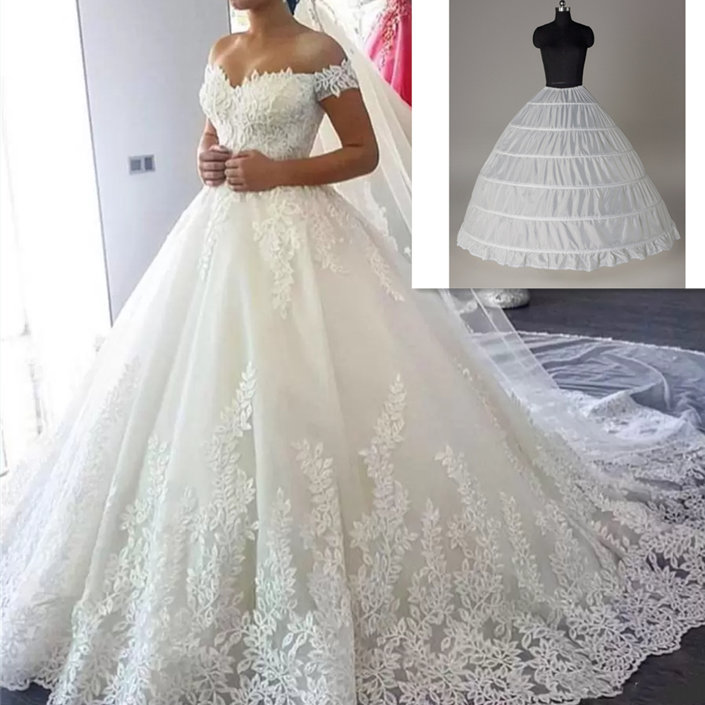2022 Luxury Lace Ball Gown Wedding Dress With Petticoat And Chaple Length Long Veil Off The Shoulder Corset Bridal Gowns Back Lace-Up Princess Bride D