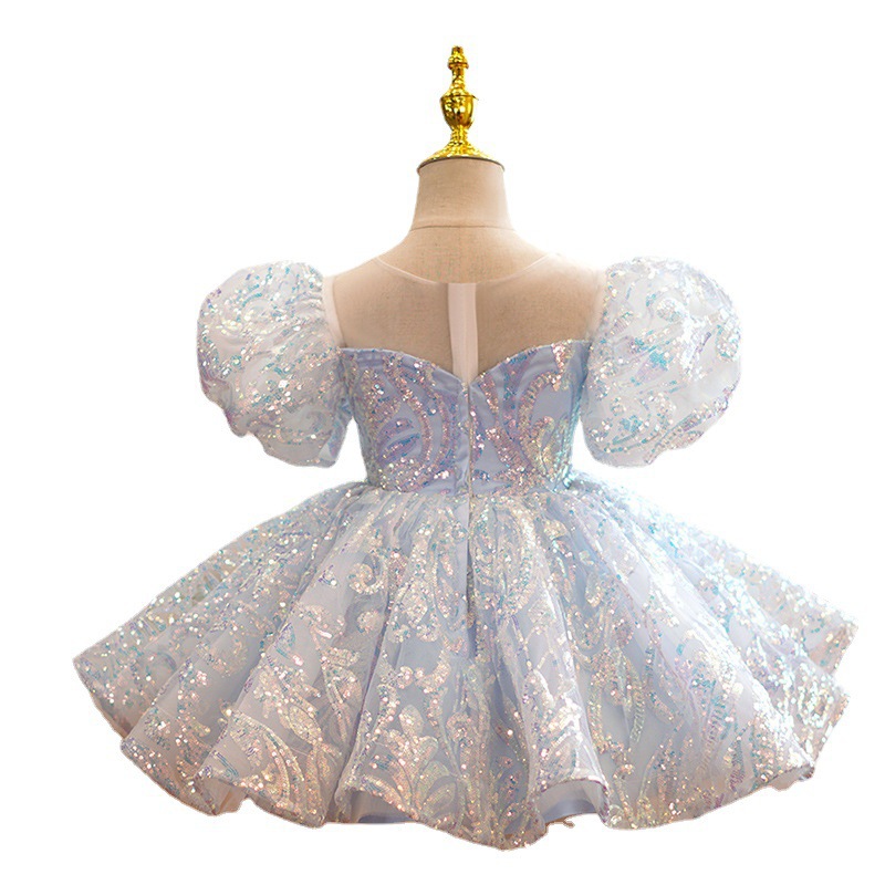 2023 blue Ball Gown Flower Girl Dresses for Wedding See Through Beaded Puffy Little Girls Pageant Dress sequined Toddler First holy Communion Gowns