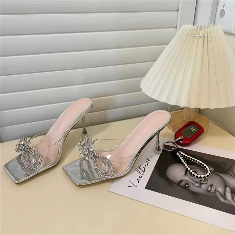 Summer Woman Square Head Sandals Rhinestones Bow High Heels MM Crystal Double Bow Tie Sandal Party PromHeels Size 35-40