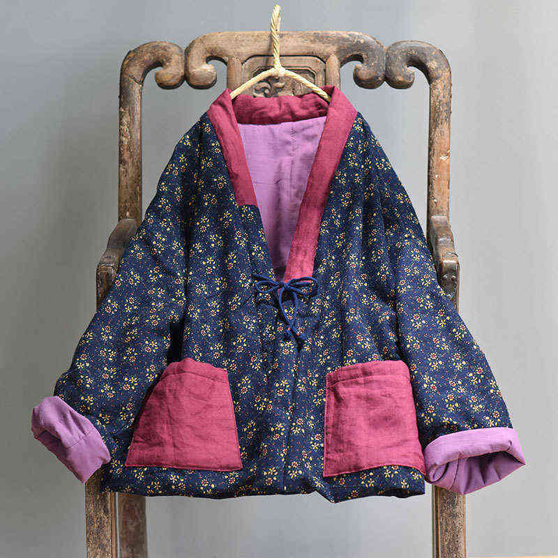Winter Warm Kimono Woman Thicker Chinese Style Baggy Outerwear Vintage Cotton Linen Padded Jackets Loose Printing Overcoat L220725
