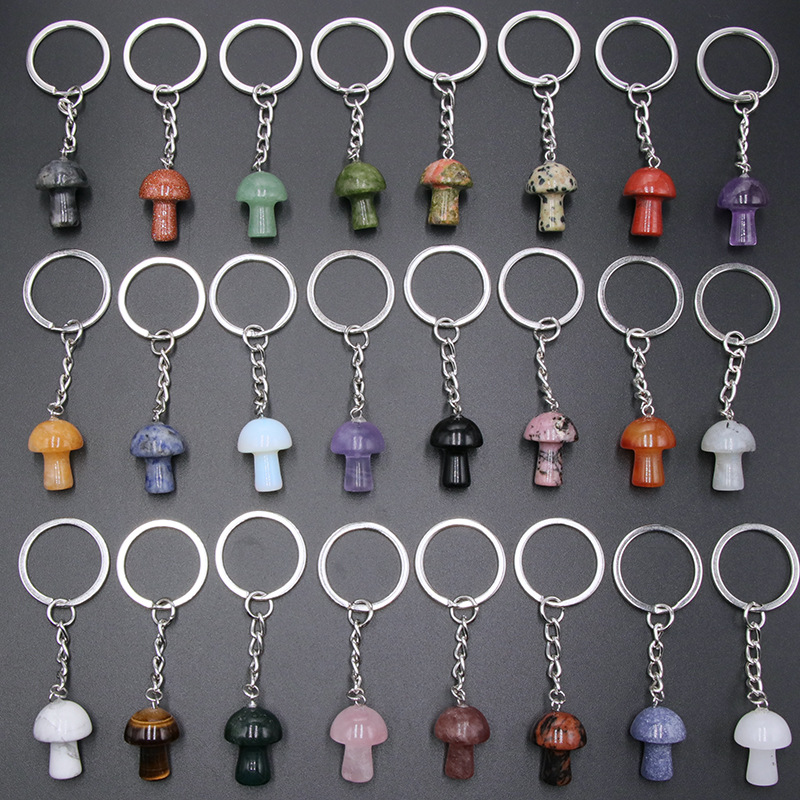Mini Mushroom Statue Key Rings Chains Natural Stone Rose Quartz aventurine Crystal Keychains Healing Crystal Keyrings for Women Men