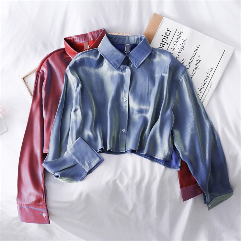 Korean Gloss Loose Slim Singlebreasted Long Sleeve Shirt Women 2019 New Short Crop Tops Lapel Blouse T200321
