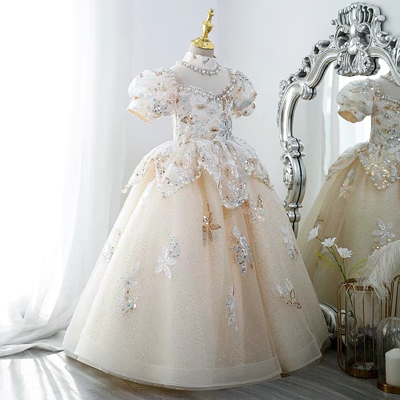 Crystal Lace Little Kids Flower Girl Dresses Princess Jewel Neck Tulle Applique Puffy Floral Formal Wears Party Communion Pageant Gown