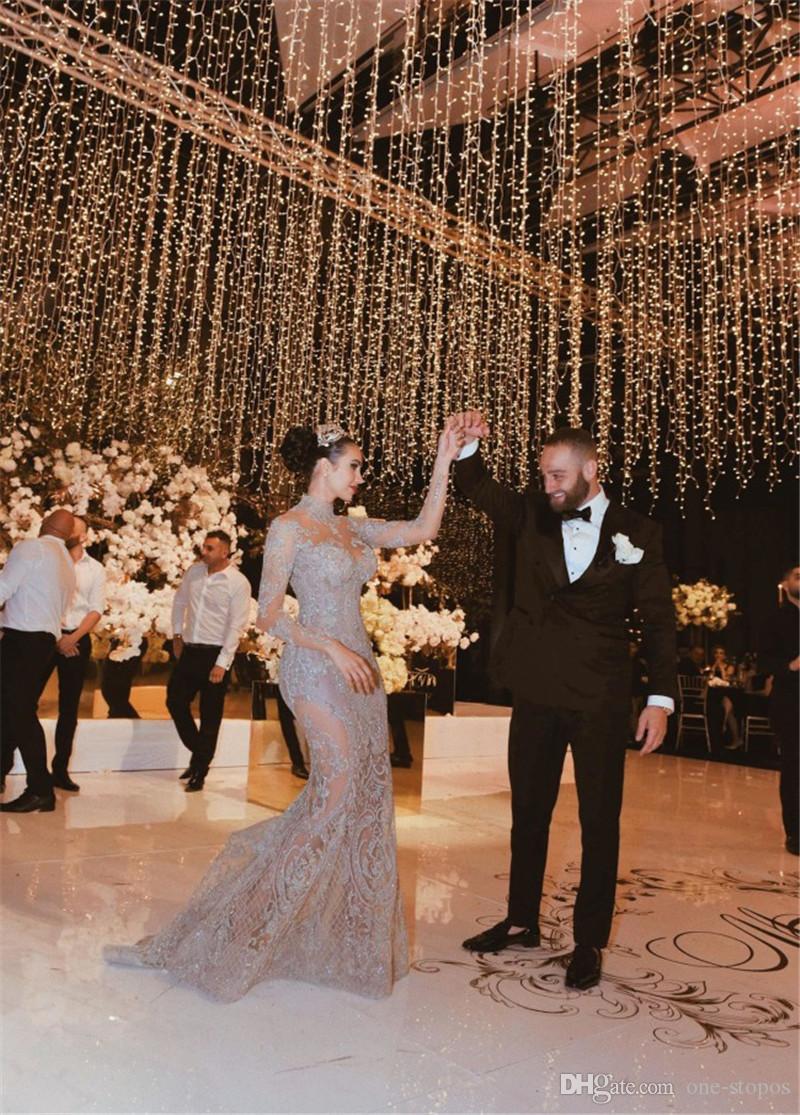 2022 Crystal Beaded High Neck Mermaid Wedding Dresses with Detachable Train Sexy Plus Size Long Sleeves Arabic Muslim Bridal Gown