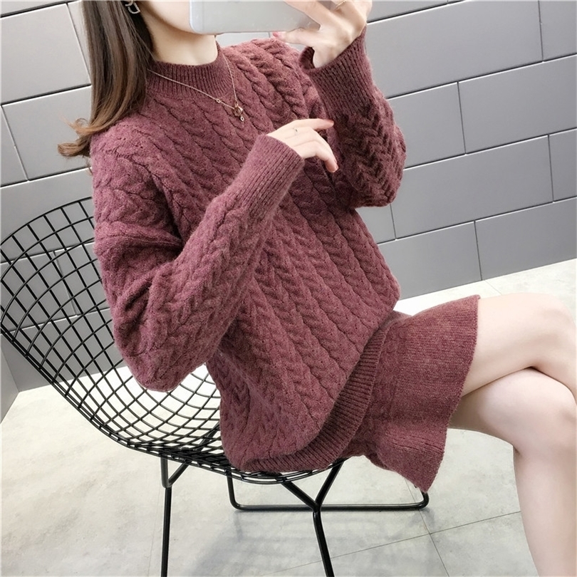 Women's Autumn Winter New Twist Woven Knit Sweater Set Loose Oneck Long Sweater Ruffled Knit Mini Skirt Twopiece ML240 201102