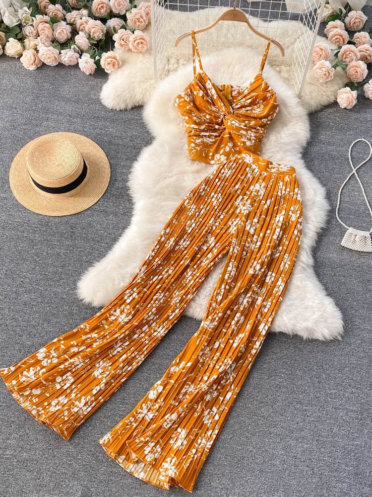 Women Summer Casual Pants Suit 2 Piece Set Female Floral Print Sleeveless Top & Wide Leg Fashion Outfit 220509